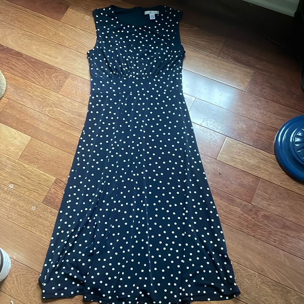 Navy and White Polka Dot Dress-Midi